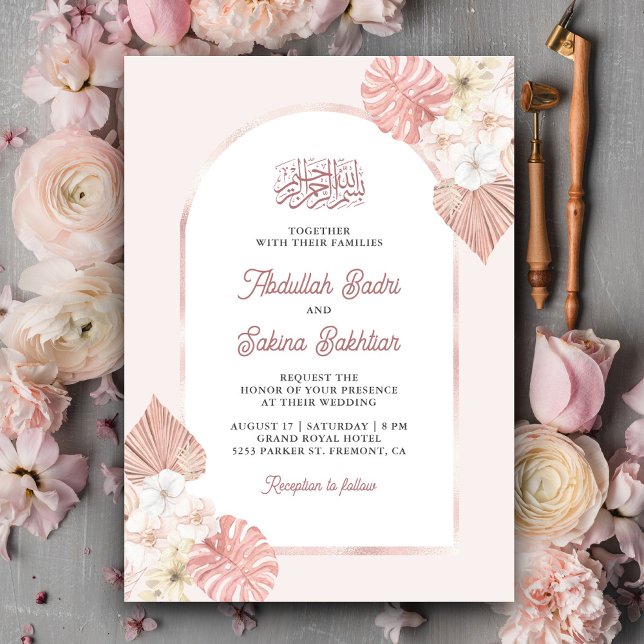 Convite Arco Floral Rosa Boho Código QR Casamento Muçulman (Criador carregado)