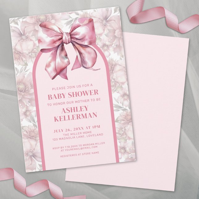 Convite Arco Floral Rosa Chás de Bebê Menina (Floral Bow Pink Girl Baby Shower Invitation)