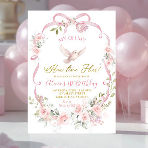 Convite Arco Floral Rosa Coquette Bird Aniversário de 1 An