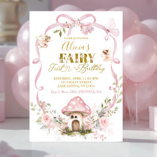 Convite Arco Floral Rosa Coquette Fada Primeiro Aniversári