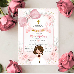 Convite Arco Floral Rosa Corado Menina Baptemo Pomba