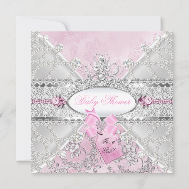 Convite Arco Floral Rosa Prata Chuveiro de Bebê Diamantes (Frente)