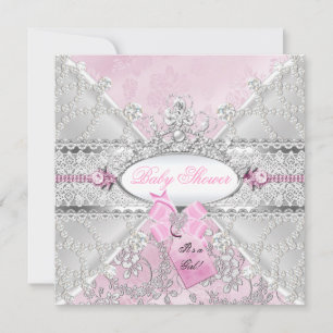Convite Arco Floral Rosa Prata Chuveiro de Bebê Diamantes