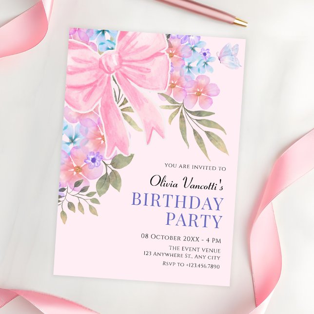 Convite Arco floral rosa roxo de aniversário (Criador carregado)