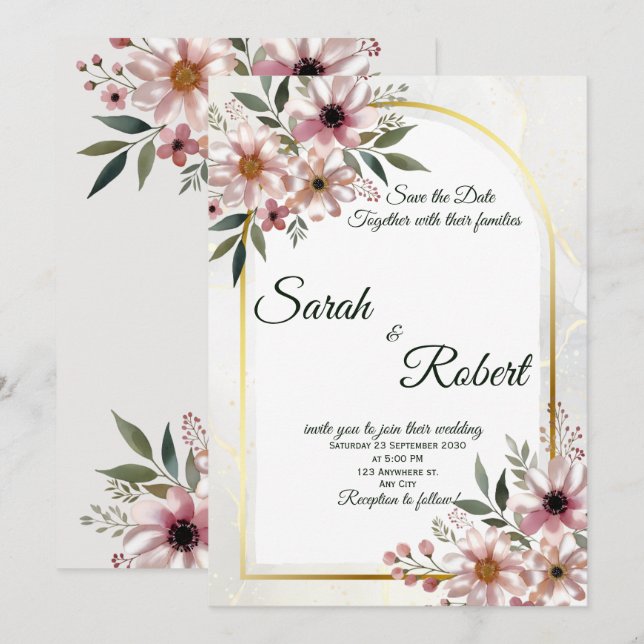Convite Arco Floral Rosa Suave Casamento Salve a Data (Frente/Verso)