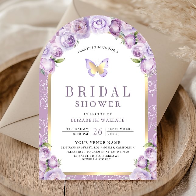 Convite Arco Floral Roxo Borboleta Chá de Noiva (Criador carregado)