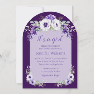 Convite Arco Floral Roxo "É uma Menina" Chás de Bebê