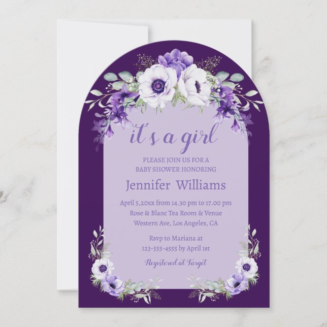 Convite Arco Floral Roxo "É uma Menina" Chás de Bebê (Frente)