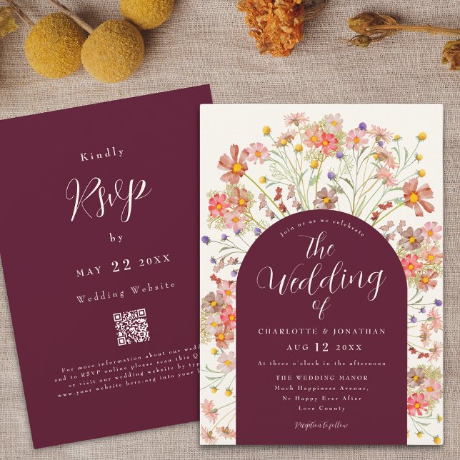 Convite Arco Floral Rústico Boho Borgonha Casamento (Boho fall rustic wildflower floral arch burgundy ivory cream wedding qr code invitation Watercolor)