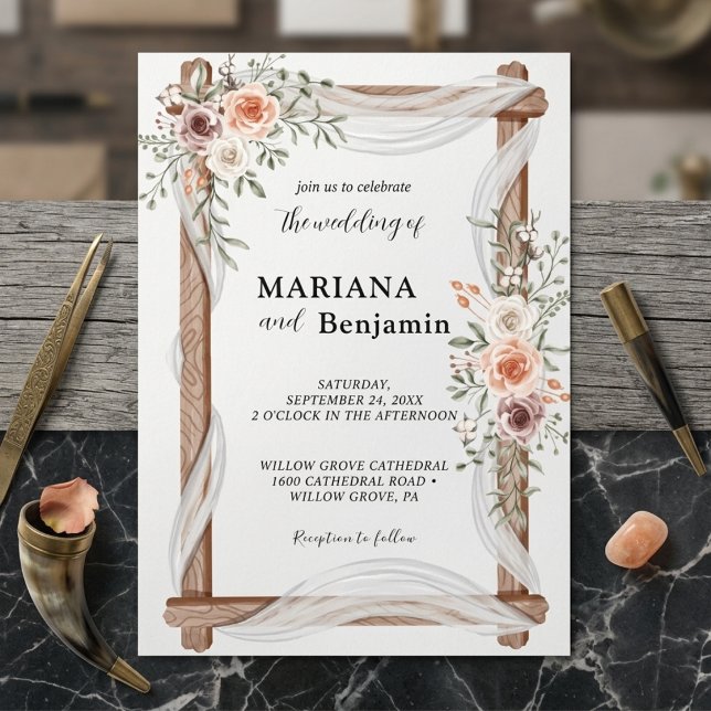 Convite Arco Floral Rústico para Casamento com Rosas Cor-d (Criador carregado)