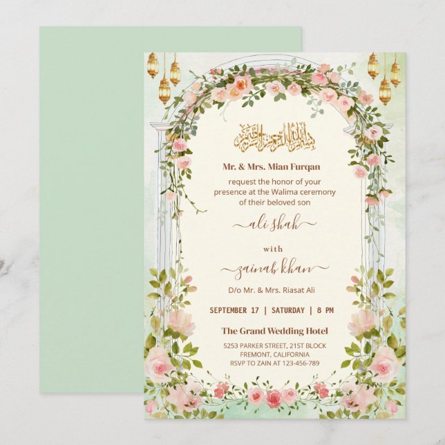 Convite Arco Floral Script Walima Casamento Islâmico (Frente/Verso)