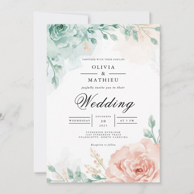 Convite Arco Floral Turquesa e Bege Casamento (Frente)