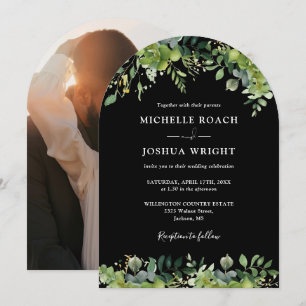 Convite Arco Floral Verde Foto Preto e Branco Casamento