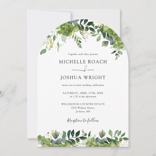 Convite Arco Floral Verde Moderno Código QR Casamento (Frente)