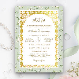 Convite Arco Floral Verde Musgo Dourado Casamento Muçulman
