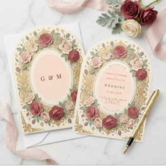 Convite Arco Floral Vintage Cruz Católica Casamento Barroc