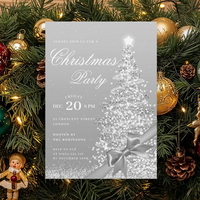 Convite Arco Formal de Natal de Inverno Prateado de Férias (Formal Silver Winter Christmas Tree Bow Holiday Invitation)