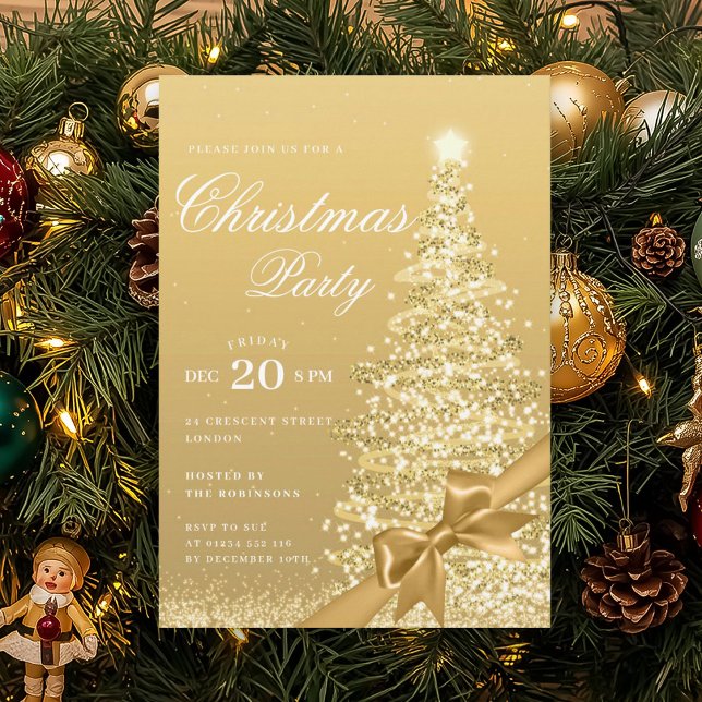 Convite Arco Formal Dourado de Natal Árvore de Natal  (Formal Gold Winter Christmas Tree Bow Holiday Invitation)