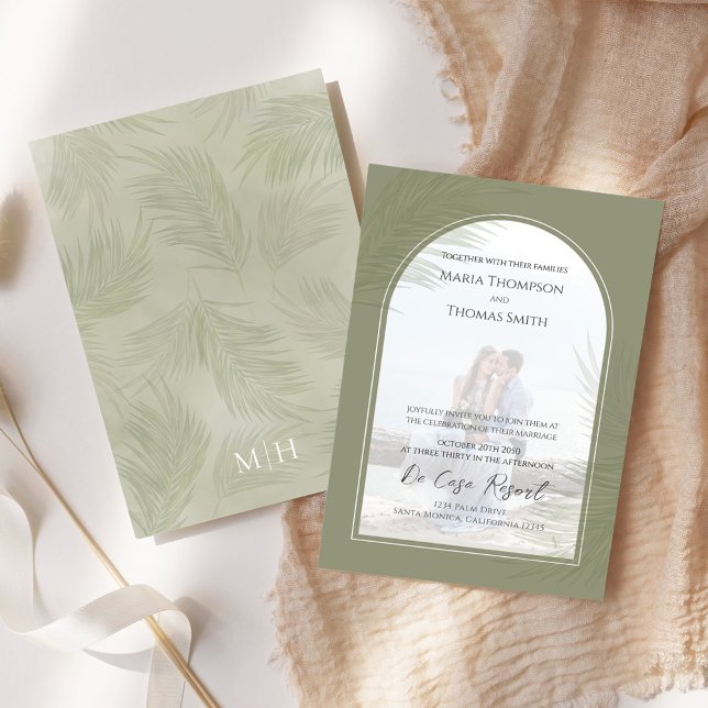 Convite Arco Fotográfico Elegante Boho Palm Deixa Casament (Elegant palm leaves photo wedding invitation.)