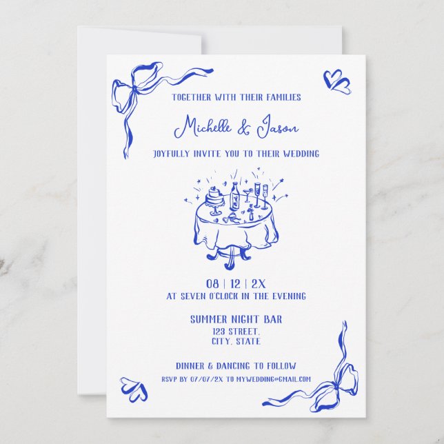 Convite Arco Francês Contemporâneo Desenhado à Mão Azul Ún (Frente)