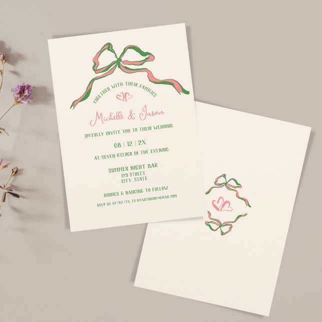 Convite Arco Francês Retroativo Contemporâneo Desenhado À  (green and pink hand drawn illustration with a bow and two hearts)