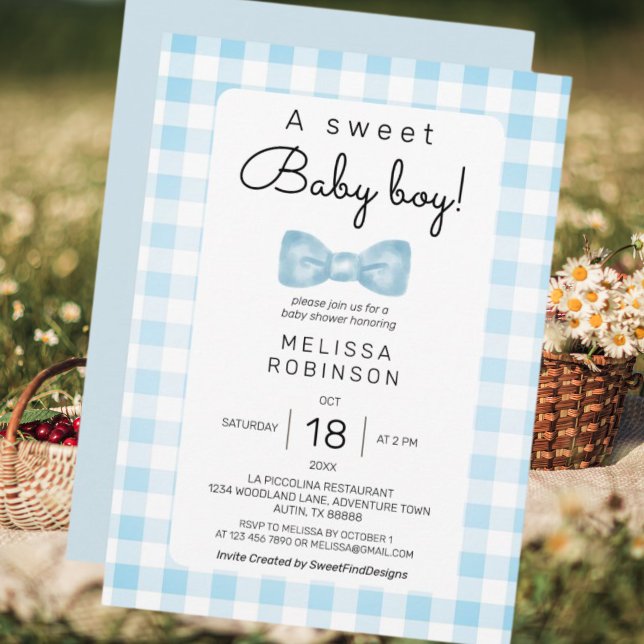 Convite Arco Gingham Baby Boy Chá (Bow Gingham Baby Boy Shower Invitation)