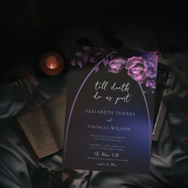 Convite Arco Gótico Casamento Floral Romântico Roxo Roxo (moody romantic dark purple gothic till death do us part wedding invitation roses floral modern goth)