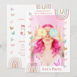 Convite Arco-Íris 50 rosa e Festa de aniversário moderna