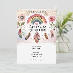 Convite Arco-íris Aquarela Pássaro & Penas Boho Aniversári