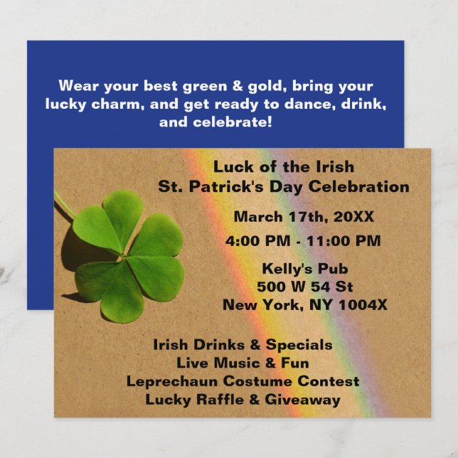 Convite Arco-íris Azul e Verde Trevo Bebendo Irlandês   (Frente/Verso)