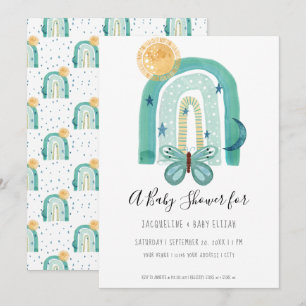 Convite Arco-Íris Boho Aquarela Moderna Teto Azul Lua