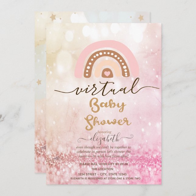 Convite Arco-Íris,Chá de fraldas Virtual de Estrelas de Nu (Frente/Verso)