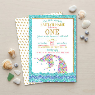 Convite Arco-íris Chic Brilho Sereia Aniversário de 1 ano