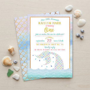 Convite Arco-íris Chic Mermaid aquarela 1º Aniversário