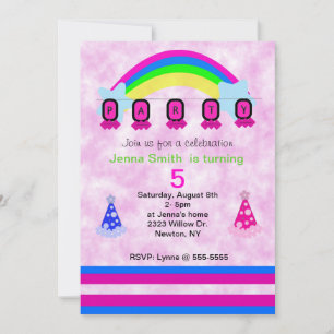 Convite Arco-íris Colorido e Chapéus de Aniversário
