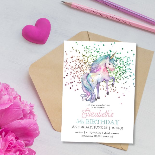 Convite Arco-íris de Brilho Mágico Unicórnio Aniversário F (Criador carregado)