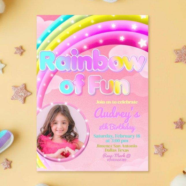 Convite Arco-íris de Diversão com Imagem (Rainbow of Fun - Girl Birthday Invitation with Photo)