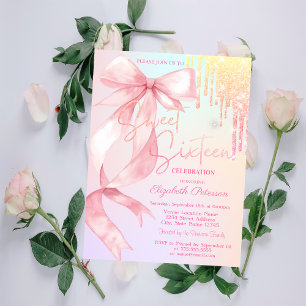 Convite Arco-íris de Glitter Colorido Sweet 16 em Aquarela