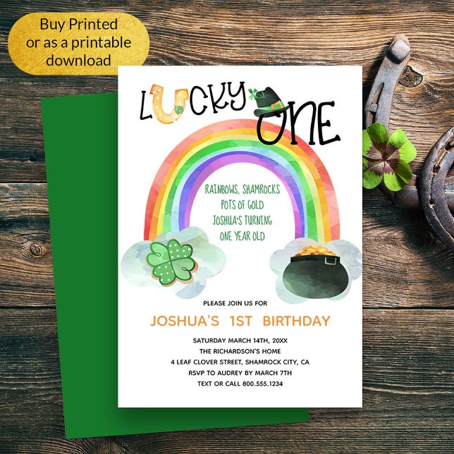 Convite Arco-íris de Trevo de Quatro Folhas da Sorte, Bolo (Lucky One Whimsical Irish Themed First Birthday Invitation)