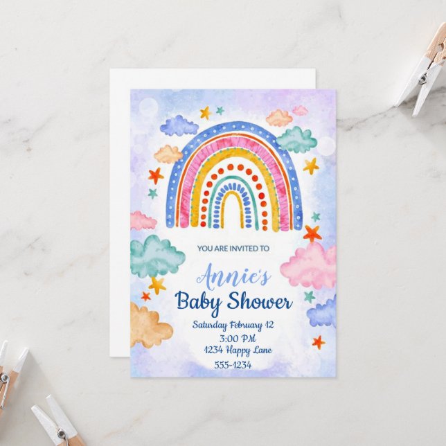 Convite Arco-íris desenhado à mão em pastel  (Frente/Verso In Situ)