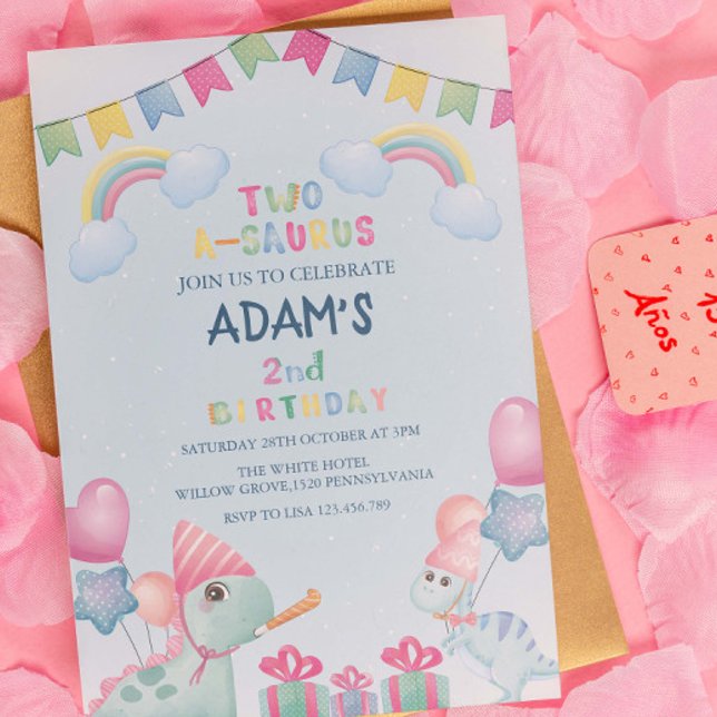 Convite Arco-Íris dois-a-saurus segundo aniversário Dinoss (Criador carregado)