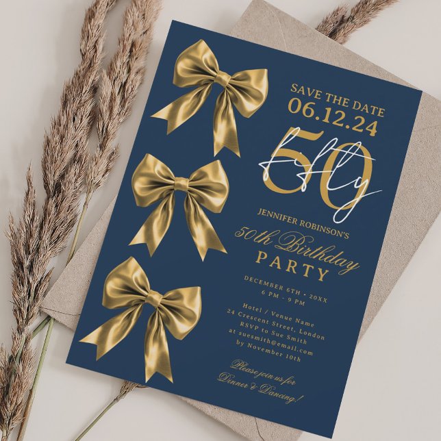 Convite Arco-íris Dourado Save a Data 50º Aniversário Azul (Gold Coquette Bow Save Date 50th Birthday Navy Invitation)