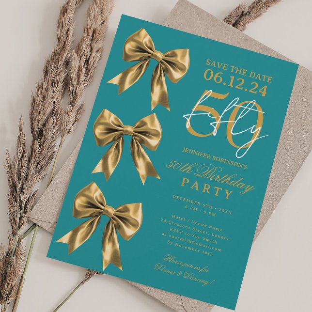 Convite Arco-Íris Dourado Save a Data 50º Aniversário Turq (Gold Coquette Bow Save Date 50th Birthday Turquoise Invitation)