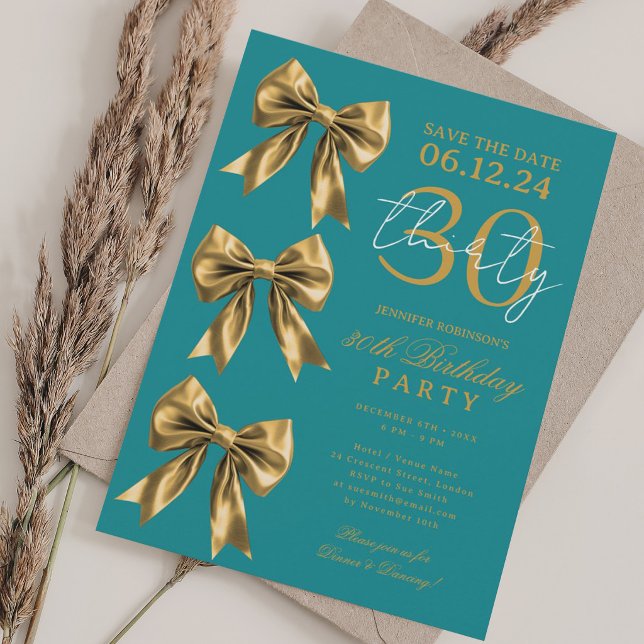 Convite Arco-íris Dourado Save Date 30º Aniversário Azul-p (Gold Coquette Bow Save Date 30th Birthday Teal Invitation)