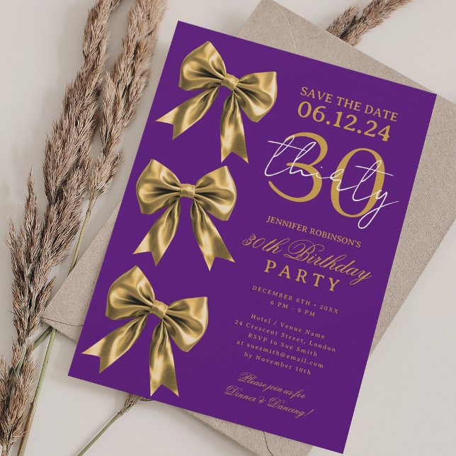 Convite Arco-íris Dourado Save Date 30º Aniversário Roxo  (Gold Coquette Bow Save Date 30th Birthday Purple Invitation)