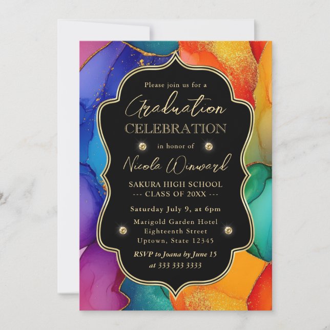 Convite Arco-íris e Glitter Dourado Tinta Alcoólica para F (Frente)
