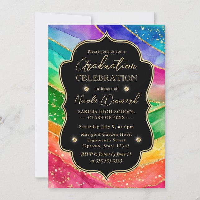 Convite Arco-íris e Glitter Dourado Tinta Alcoólica para F (Frente)