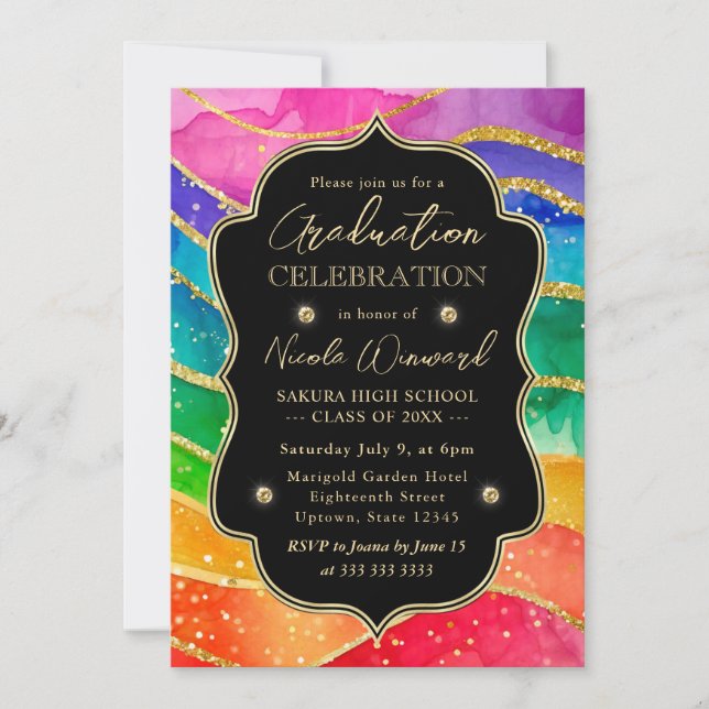 Convite Arco-íris e Glitter Dourado Tinta Alcoólica para F (Frente)