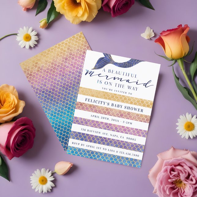 Convite Arco-Íris + Escalas de Sereia Dourada e Chá de fra (Rainbow + Gold Mermaid Scales & Stipe Baby Shower Invitation)