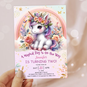 Convite Arco-Íris Floral Cor-de-Rosa segundo aniversário U